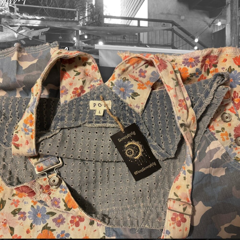 POL LAST ONE Boho Mixed Fabric Cotton Denim Floral Patch Suspender Strap Jeans - Picture 12 of 16